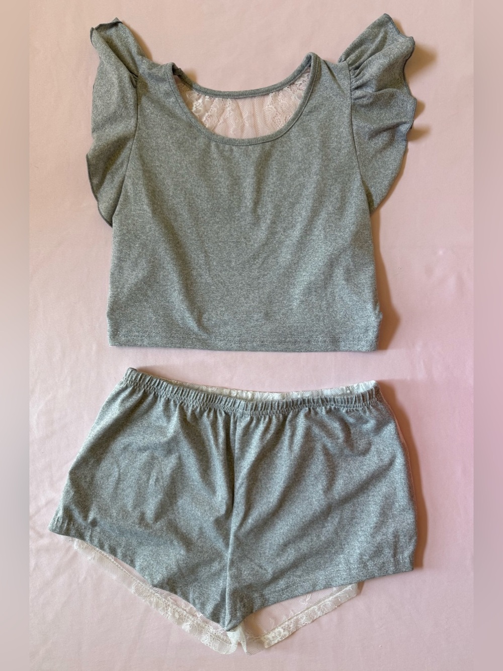 Women’s Heather Gray Lace-Trim Sleep Set - Top & Shorts